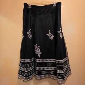 Nygard Collection Flared Navy Blue w/ White Embroidery Flowers w/ Sheer Overlay